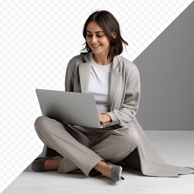 a woman sits on the floor with a laptop.