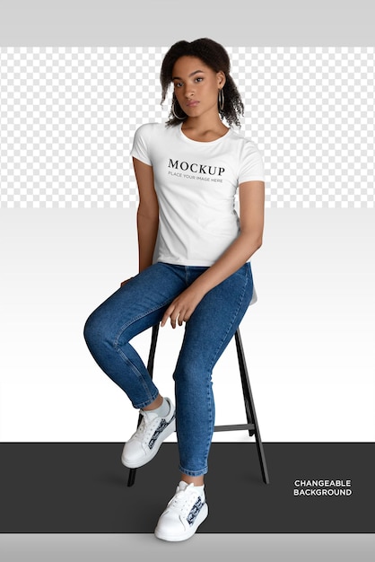 A woman sitting on a chair wearing a t-shirt mockup on isolated background