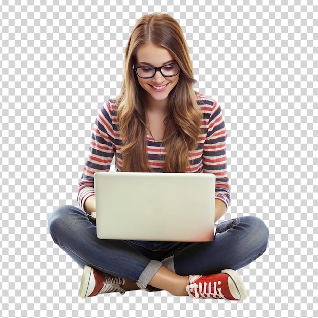 A woman sitting on the floor using a laptop on transparent background