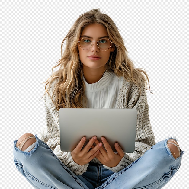 PSD woman sitting using a laptop on isolated transparent background