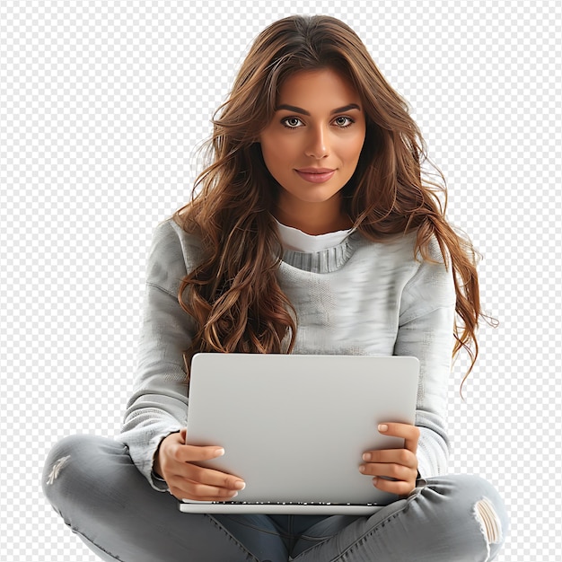 Woman sitting using a laptop on isolated transparent background