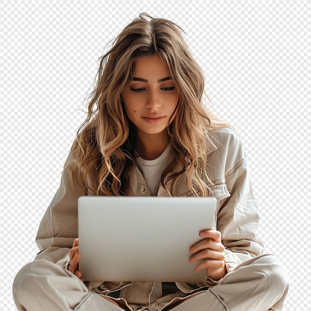 PSD woman sitting using a laptop on isolated transparent background