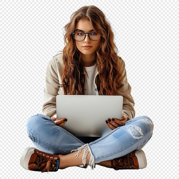 PSD woman sitting using a laptop on isolated transparent background