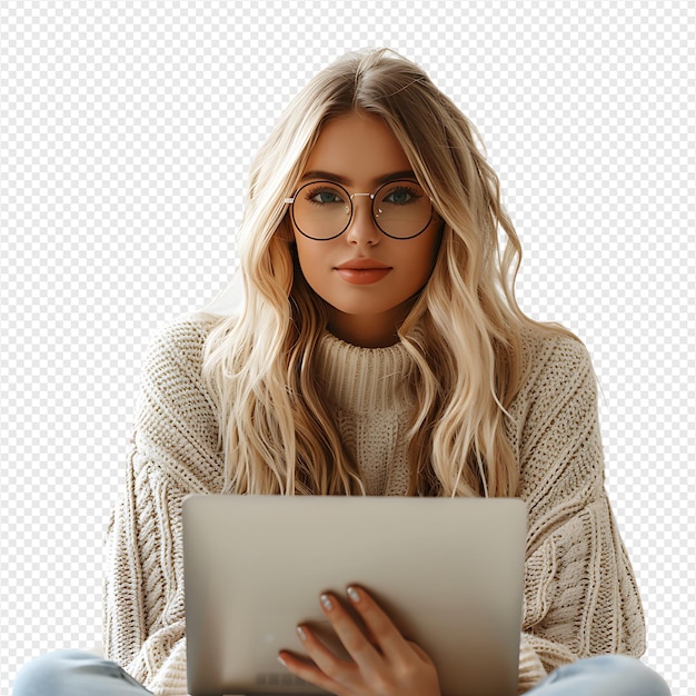 Woman sitting using a laptop on isolated transparent background