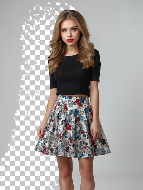 PSD a woman in a skirt and a black top with red lipstick