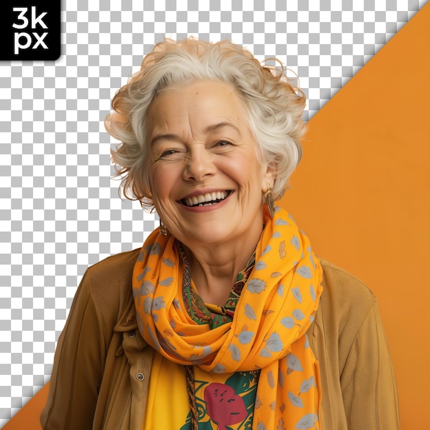 PSD a woman smiling and smiling in front of a black and orange background