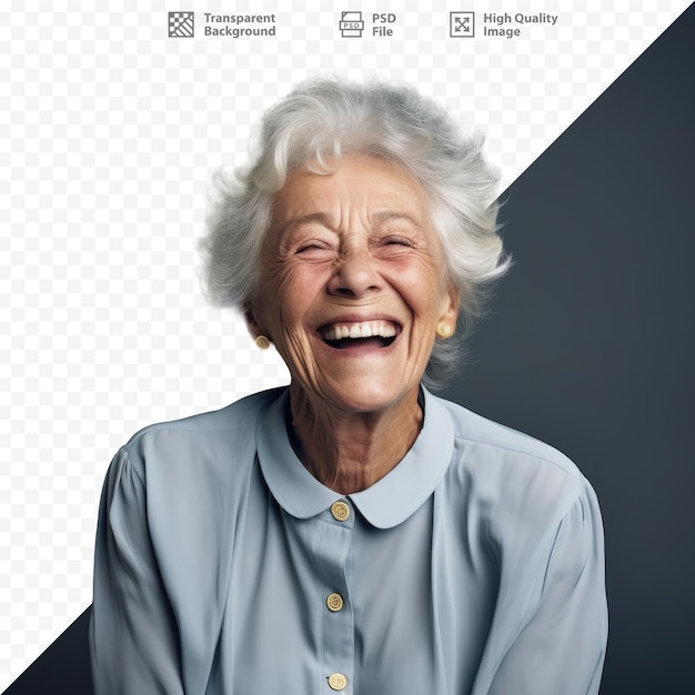 a woman smiling and smiling in front of a screen that says quot old lady quot