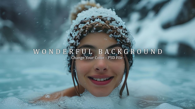 PSD woman in a snowcovered hat smiling in a hot spring