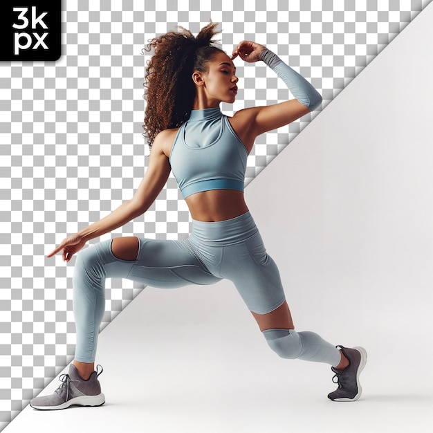 PSD a woman in a sports outfit is running in front of a white background