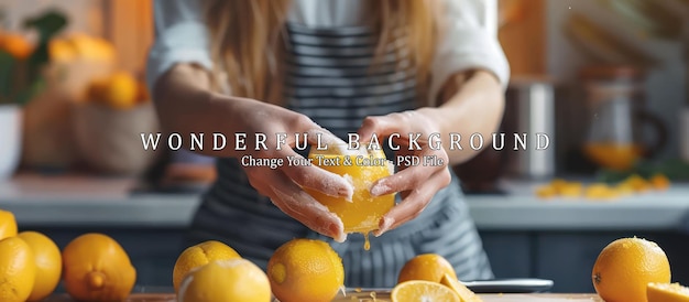 PSD woman squeezing orange juice at grey table