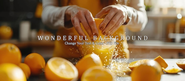 PSD woman squeezing orange juice at grey table