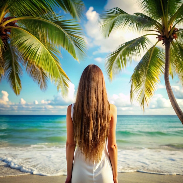 PSD woman standing front of the ocean with palm trees on transperent background