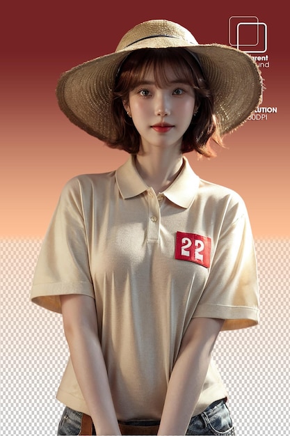 a woman in a straw hat is standing in front of a poster that says  e p