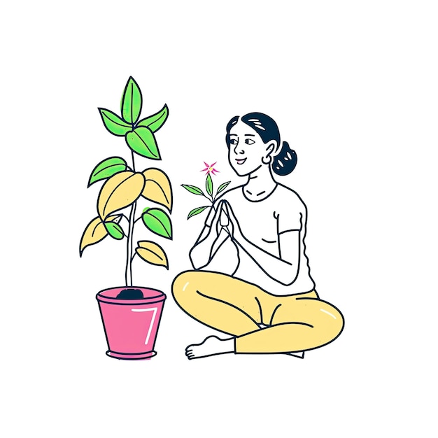 PSD a woman strikes a yoga pose with a plant cartoon illustration