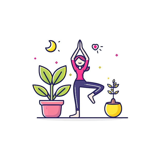 PSD a woman strikes a yoga pose with a plant cartoon illustration