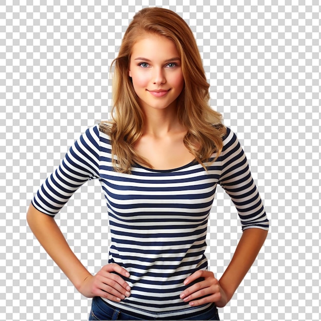 A woman in a striped shirt posing for a picture on transparent background