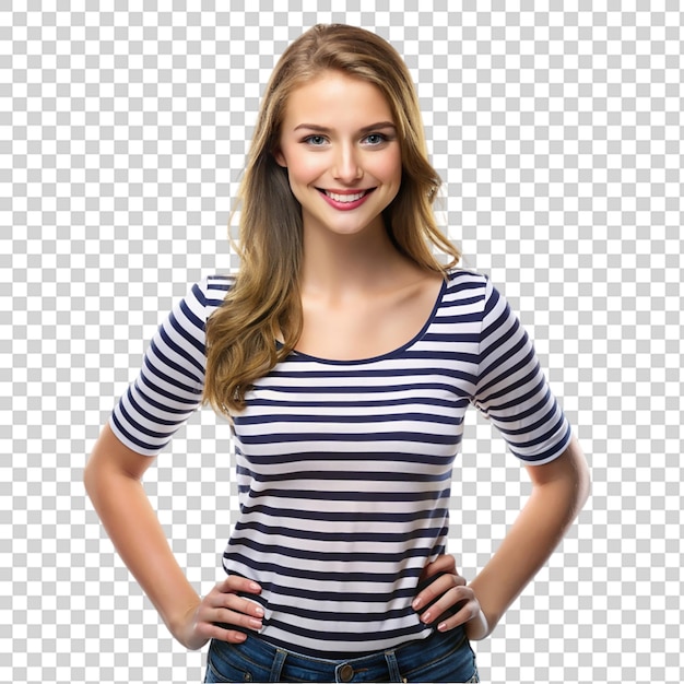 A woman in a striped shirt posing for a picture on transparent background