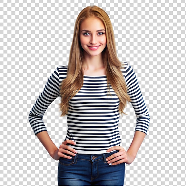 A woman in a striped shirt posing for a picture on transparent background