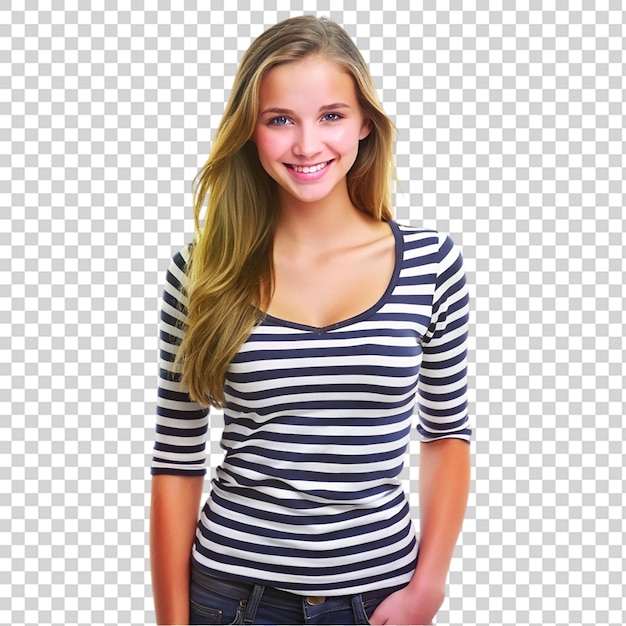 A woman in a striped shirt posing for a picture on transparent background