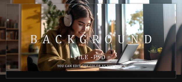 PSD woman studying and writing while listening to music using a headset