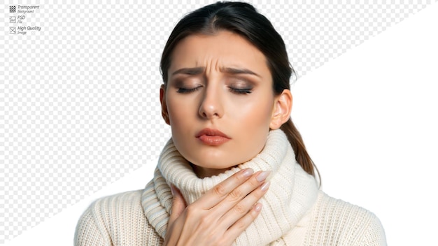 Woman suffering from sore throat on transparent background wearing a sweater