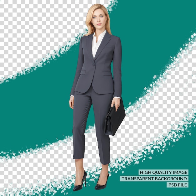 PSD a woman in a suit stands in front of a blue and green background