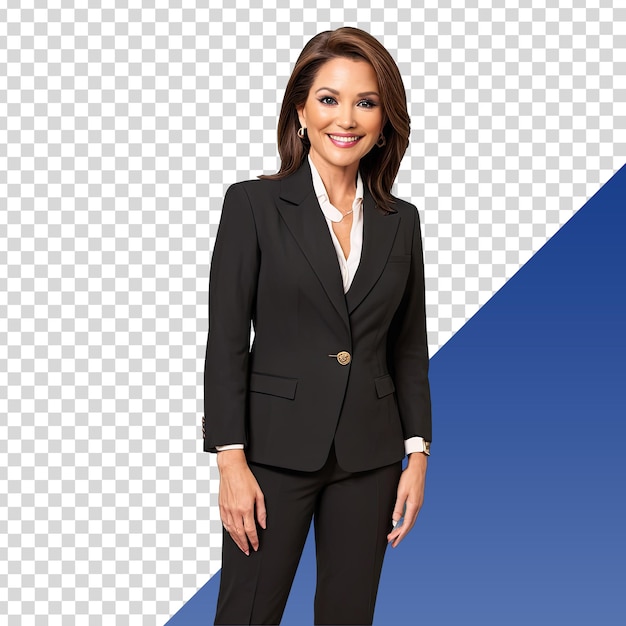 PSD a woman in a suit stands in front of a blue and white background