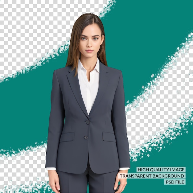 PSD a woman in a suit stands in front of a green and blue design