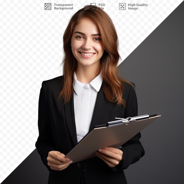 a woman in a suit with a folder that says quot business quot