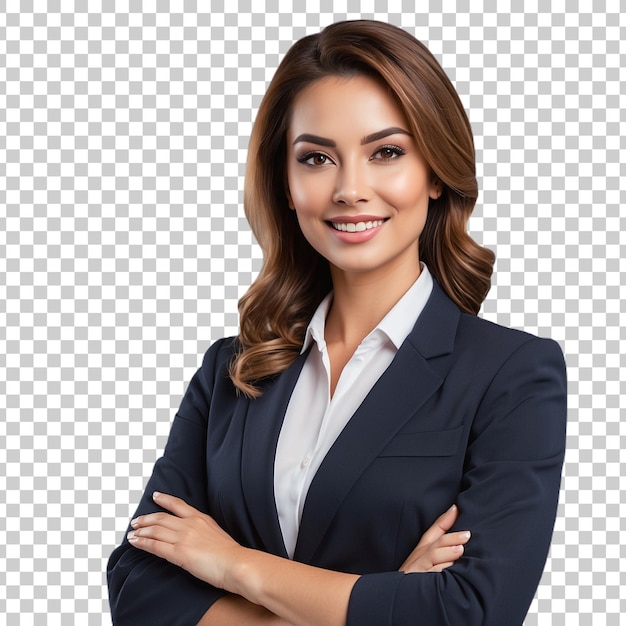 a woman in a suit with her arms crossed