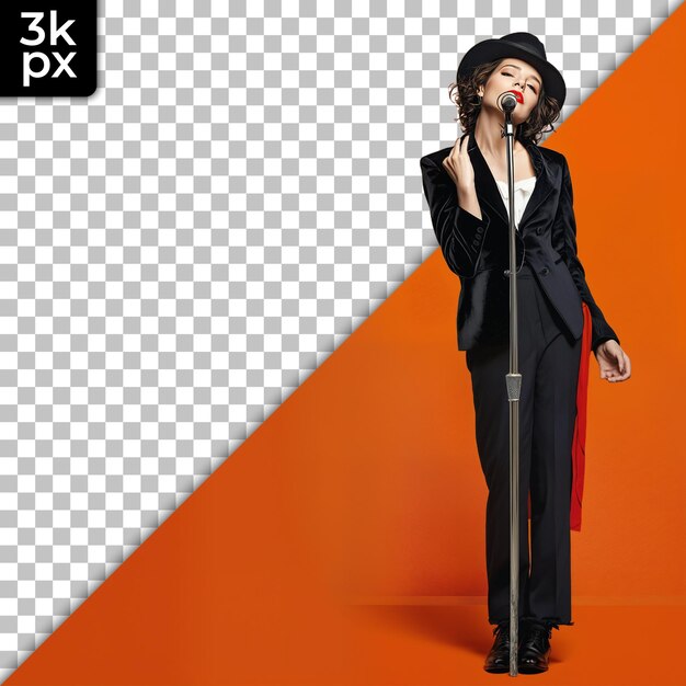 PSD a woman in a suit with a microphone and the words  xm  on the bottom