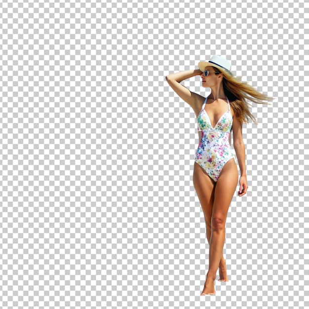 PSD woman in swimming suit is on the seashore transparent background