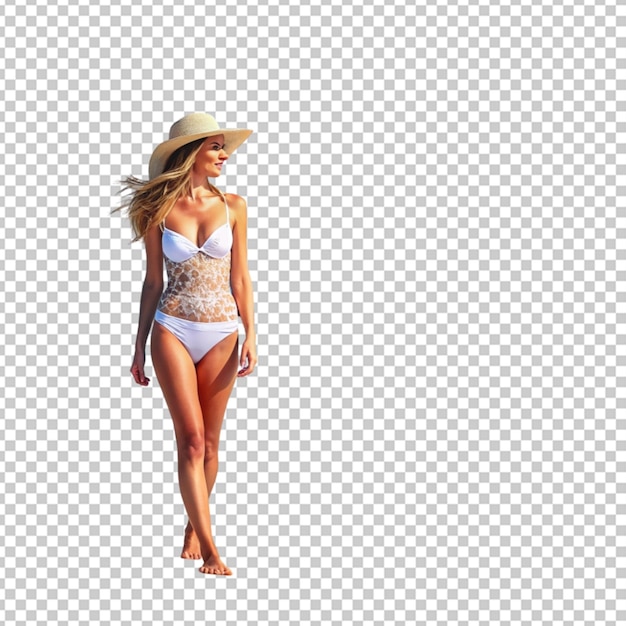 PSD woman in swimming suit is on the seashore transparent background