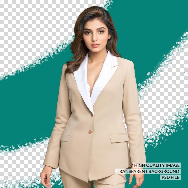 PSD a woman in a tan suit with a white collar and a white shirt