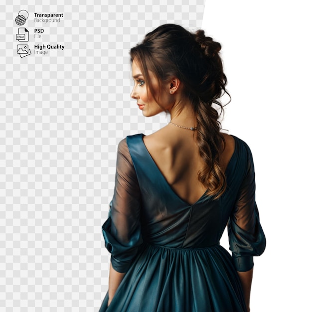 PSD woman in teal evening gown with braided hair posing from behind