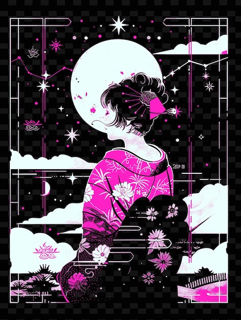 Woman in a Traditional Japanese Robe Moon and Stars in the B PNG Poster Background Designs