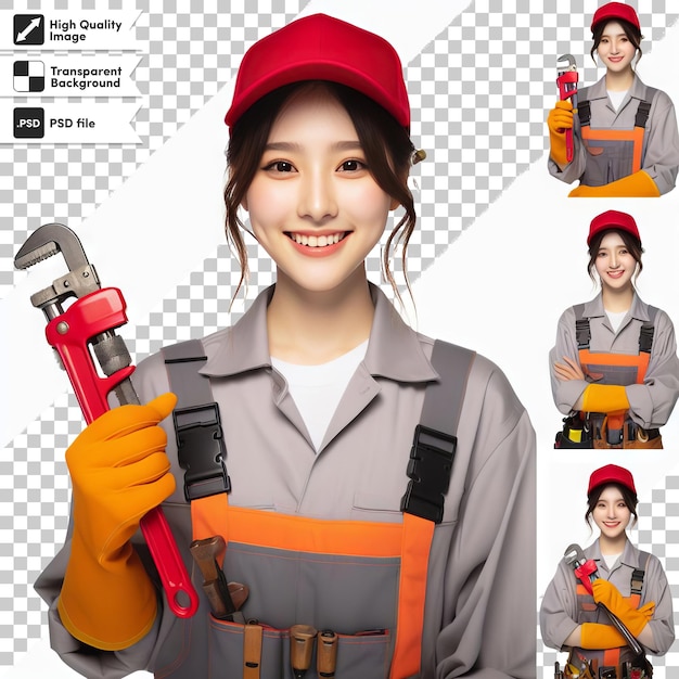 a woman in an uniform with a wrench on her hand