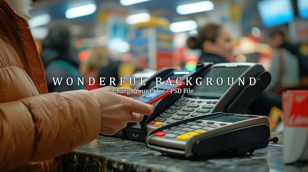 PSD woman using phone for contactless payment at a cash register