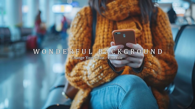 PSD woman using smartphone in airport waiting area