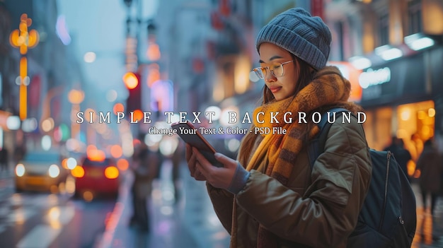 PSD woman using smartphone on a busy city street at night