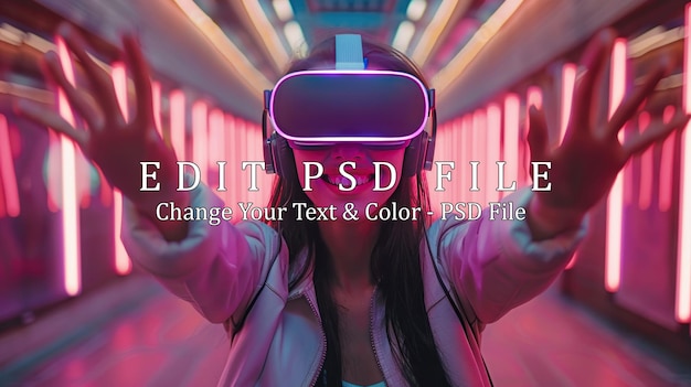 PSD woman in vr headset reaches out in neon lit corridor