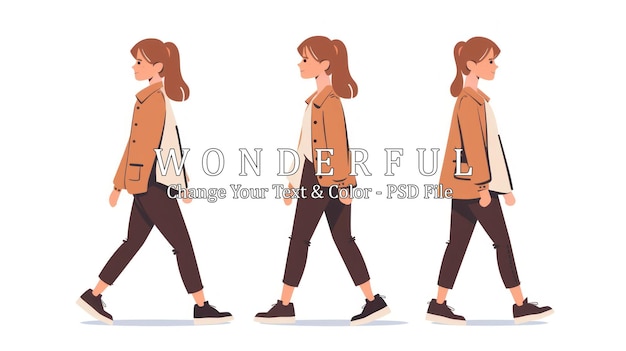 PSD woman walking in three different poses illustration