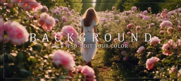 PSD a woman walking through a field of pink flowers