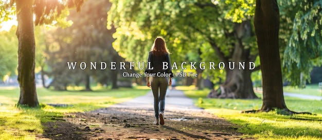 PSD woman walking through a park at sunset