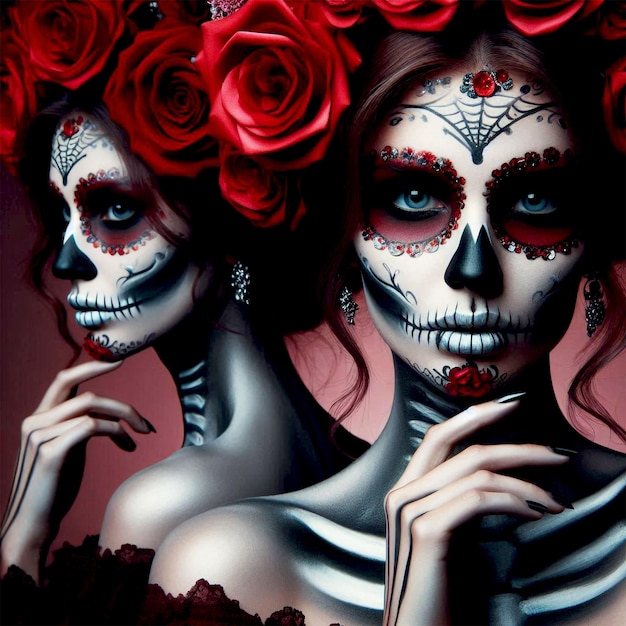 a woman wear make up and dress in skull Day of the Dead or Da de los Muertos illustration