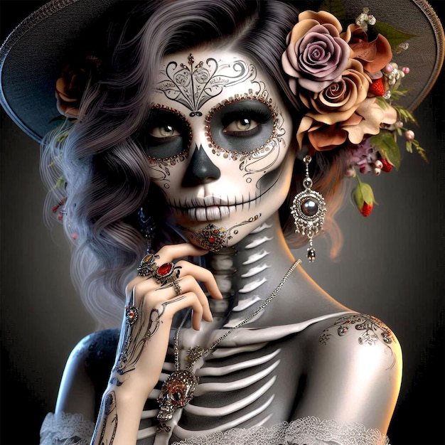 PSD a woman wear make up and dress in skull day of the dead or da de los muertos illustration