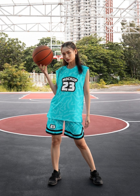 Woman wearing basketball jersey mockup