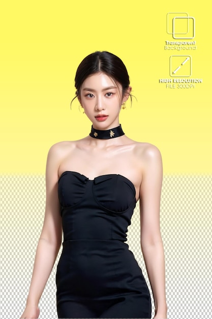 PSD a woman wearing a black dress with a yellow background