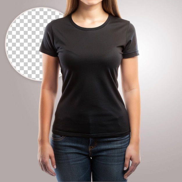 Woman wearing blank black t shirt on transparent background