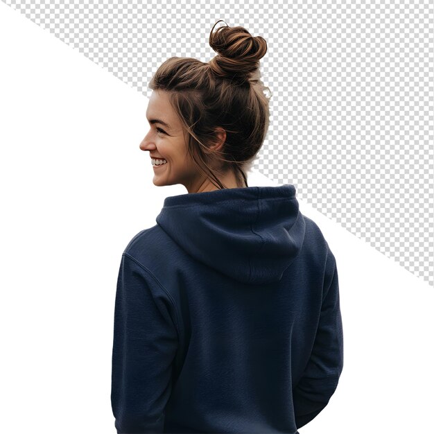 PSD a woman wearing a blue hoodie with a smile on her face